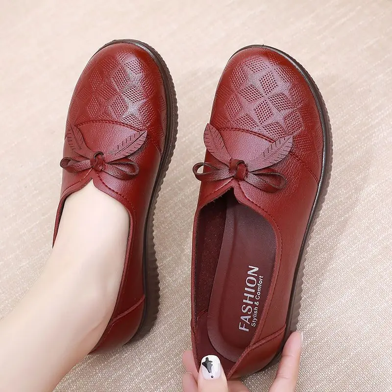 

Nice Soft Bowknot Ballet Flats Women Casual Shoes Breathable Faux Leather Loafers Autumn Spring Walk Shoes Retro Moccasins Red