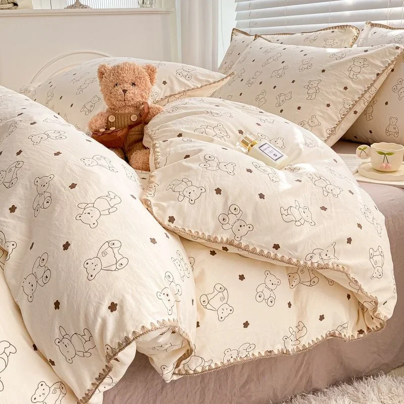 

Cute Cartoon Bear Bedding Set Simple Duvet Cover Cotton Bed Linens Bed Sheets Pillowcase Single Double For Kids Decor Home