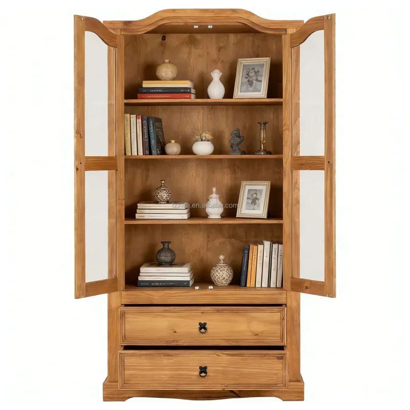 custom.Modern Antique Wood Space Saving Classic European Bookcase with Glass Display Cabinet Bedroom and Living Room S
