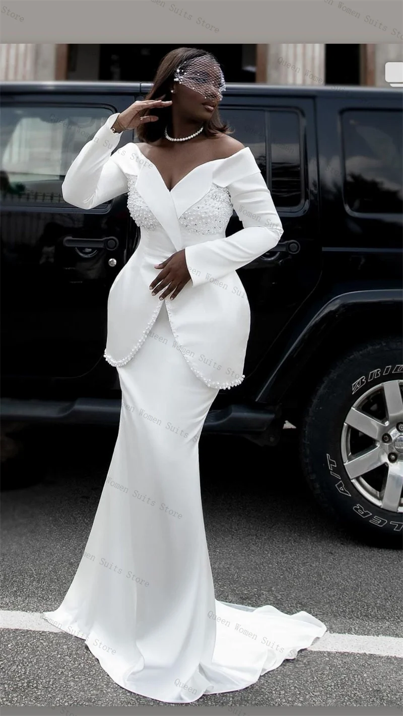 Abito da donna con perle bianche e gonna Set giacca da 2 pezzi + abito da ballo formale da ufficio giacca da donna in cotone cappotto da sposa personalizzato