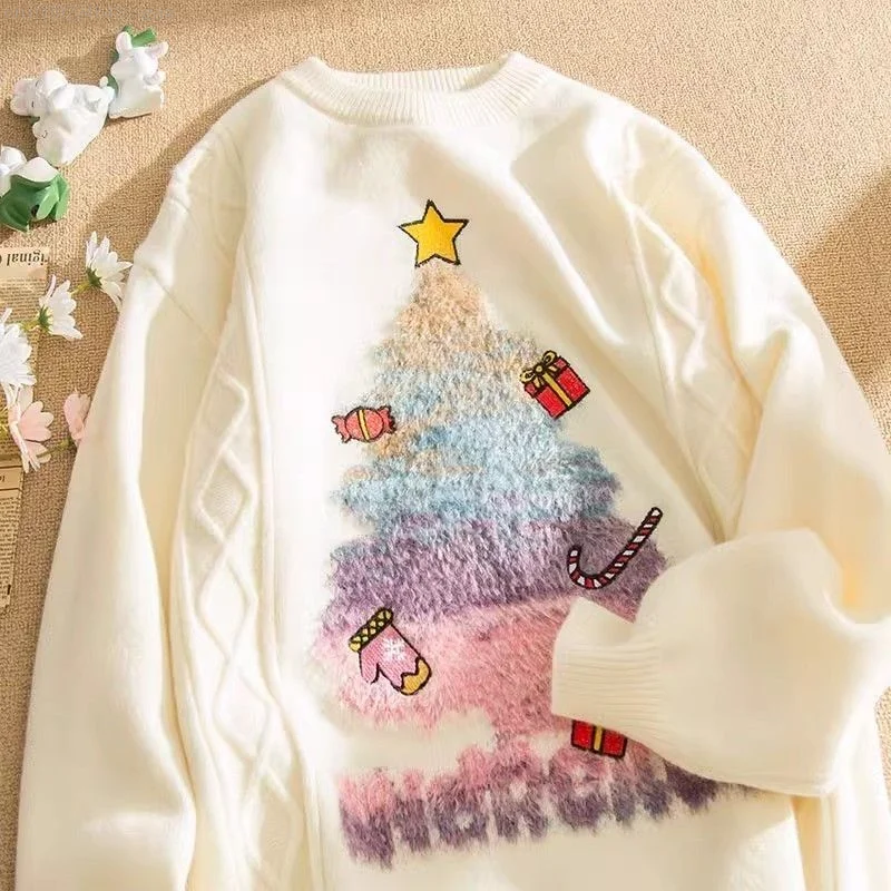 New American Christmas Tree Sweater Couple Loose Autumn Winter Knitwear Pullover Women Aesthetic Round Neck Tops Y2k Sweatshirt