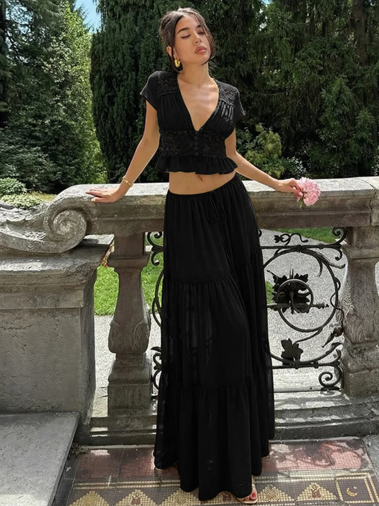 

Женский комплект с юбкой и кружевными вставками ​ Сексуальное платье с V-образным вырезом, коротким рукавом, А-силуэтом, поясом на талии и цветочным принтом, новинка лета 2026, для повседневной носки и свиданий