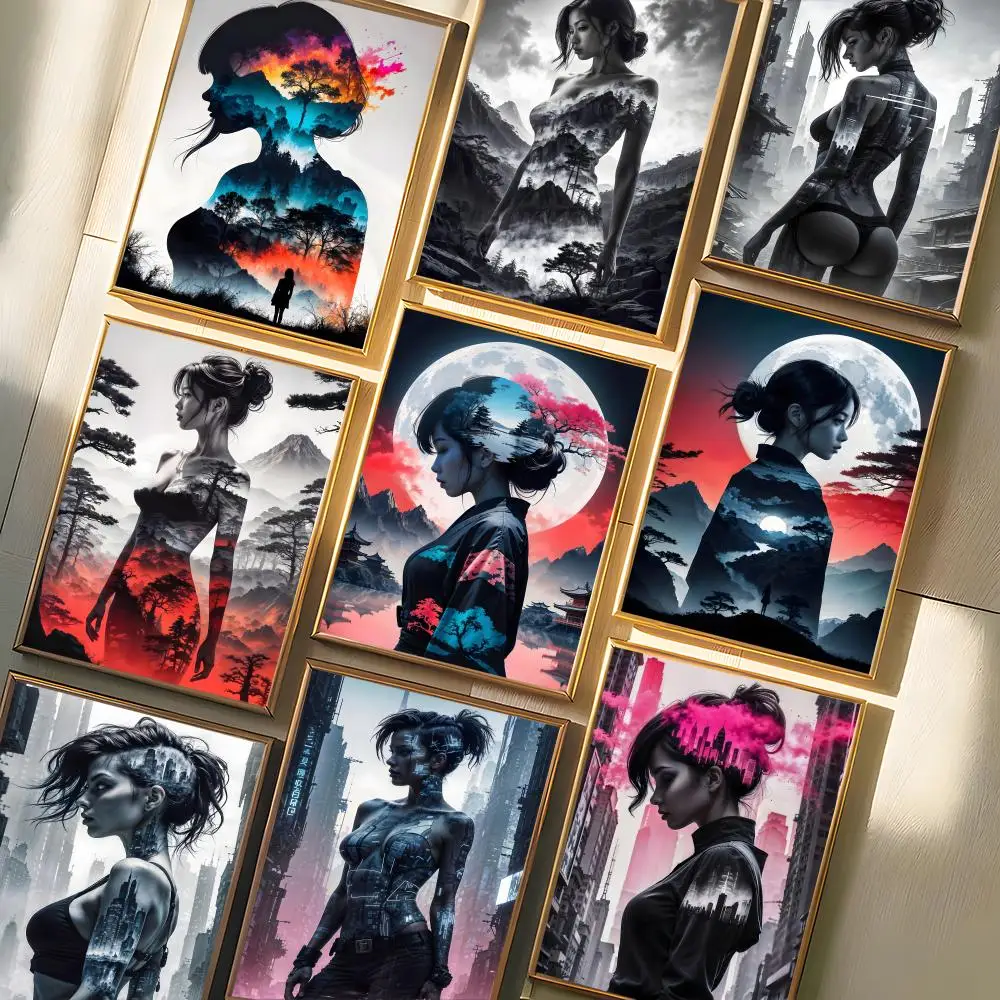 Sexy Cyberpunk City Girl Beautiful Woman Building Poster Sticker For Living Room Bedroom Bar Home Decor Mural Painting Decora