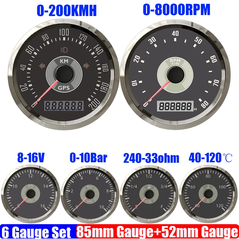 

ZMFJH Набор из 6 манометров Ретро Винтаж Классический 85 мм GPS Спидометр Тахометр 52 мм Давление масла Вода Температура уровня топлива Вольт