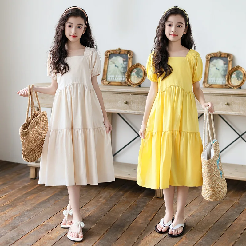 

Girls' Tiered Midi Dress - Yellow Puff Sleeve Square Neck A-Line Casual Sundress for Kids 6-14Y, Breathable Cotton Summer Dress