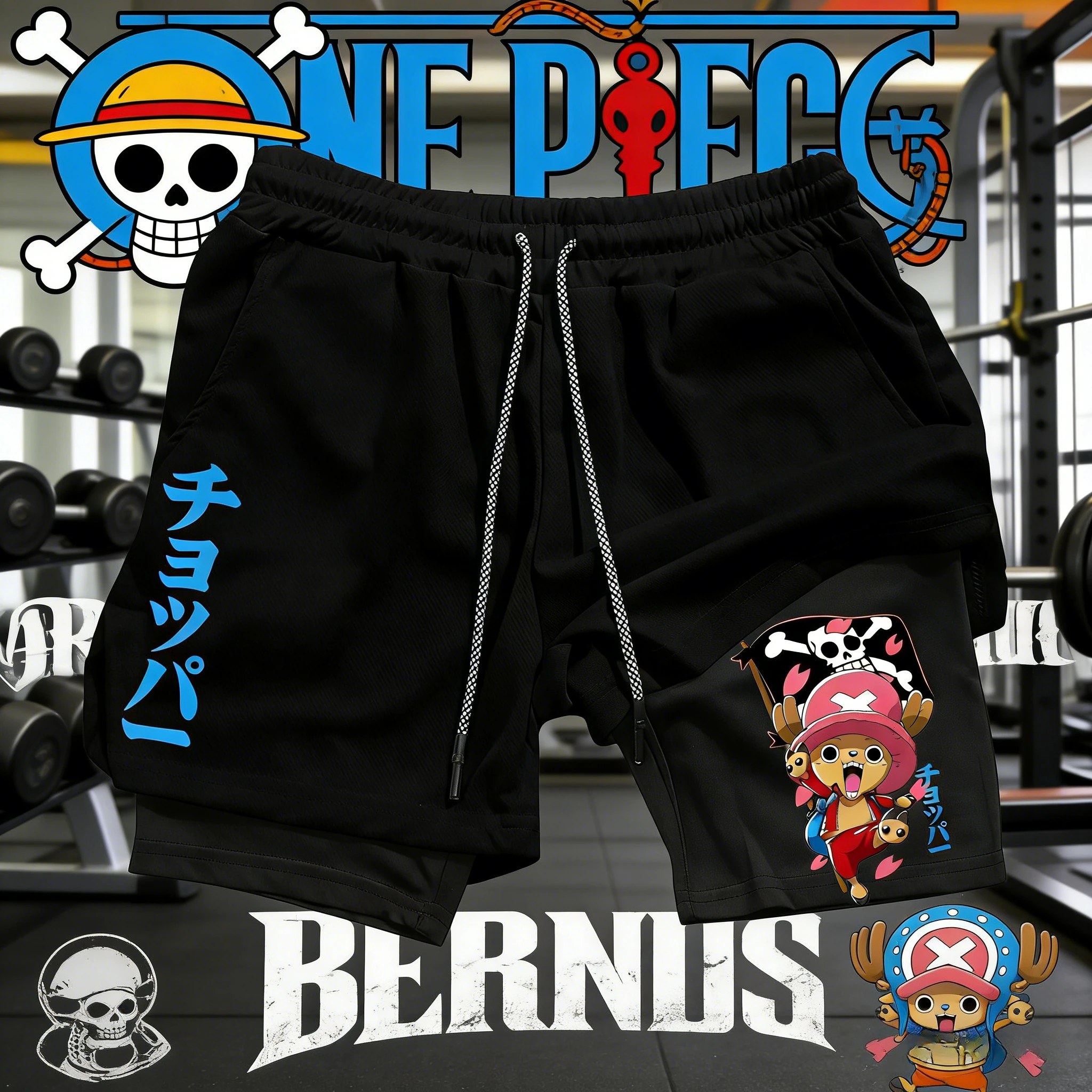 2026 Sommer Einteilige Retro Schnelltrocknende Doppellagige Sportshorts Herren Fitness Workout Tony Tony Chopper Bedruckte Shorts für Erwachsene