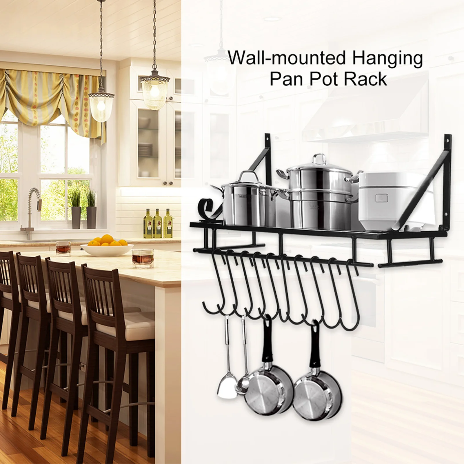 Kitchen Storage Rack Metal Hanging Pan Pot Rack Wall Mounted with 10 Hook Holders Kitchen Storage Organizer Pot Rack Pan Rack