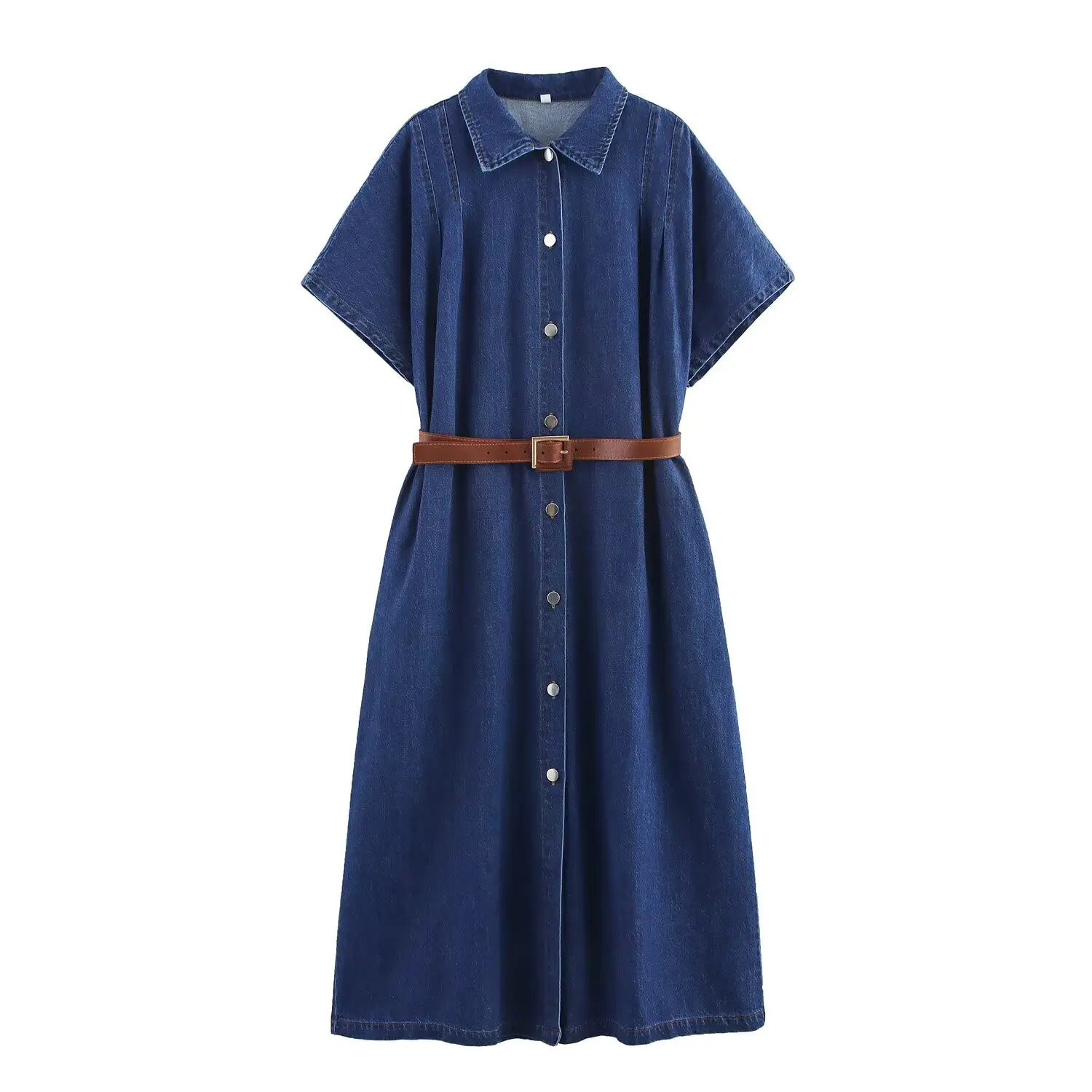 

PB&ZA Women's Short - sleeved Collared Button - down Denim Midi Dress with Belt for Summer for a Casual and Stylish Look
