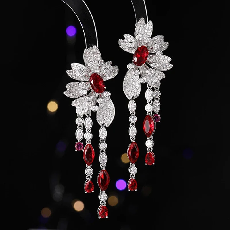 Wedding Dinner Party Long Earrings Luxury Jewelry Zircon Copper Flower Red Blue Long Drop Tassel Earrings Elegant Female Gift