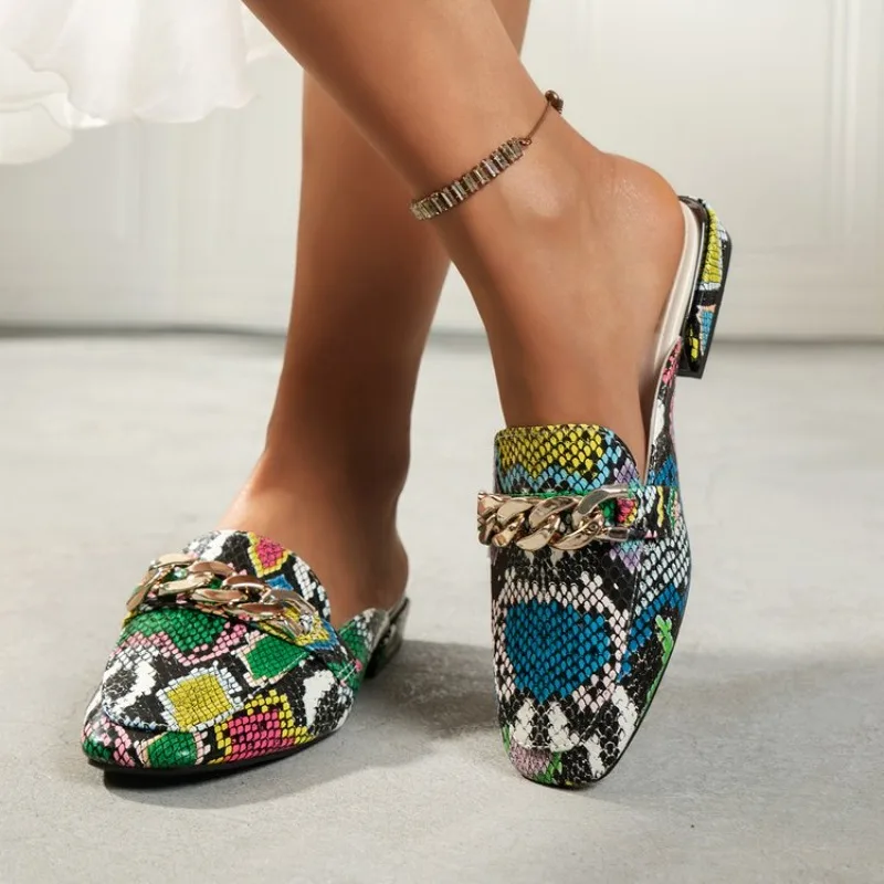2026 Summer New Bottomed Plus Size Slippers Women ,A Square Head and Thick Heel, Snake Pattern, and Cool Slippers Shoes Women