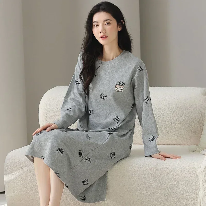 

2025 Autumn Long Sleeve 100% Cotton Print Nightgowns for Women Korean Loose Sleepwear Night Dress Nightdress Ladies Home Nighty