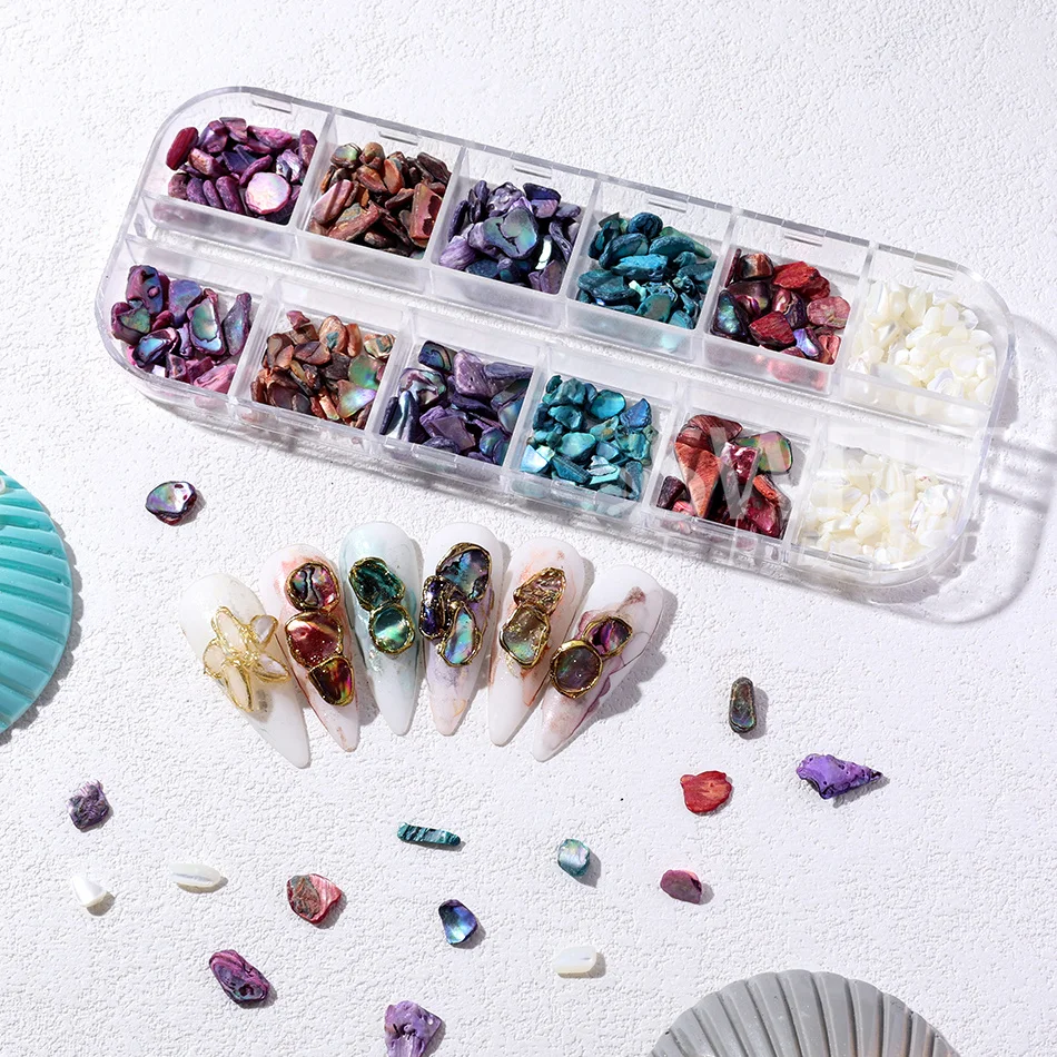 12 Gitter Nagelkunst Aurora Abalone Muschelschuppen 3D Charms Unregelmäßige Muschelfragmente Aurora Scheiben DIY Maniküre Deko Zubehör – Detail 4