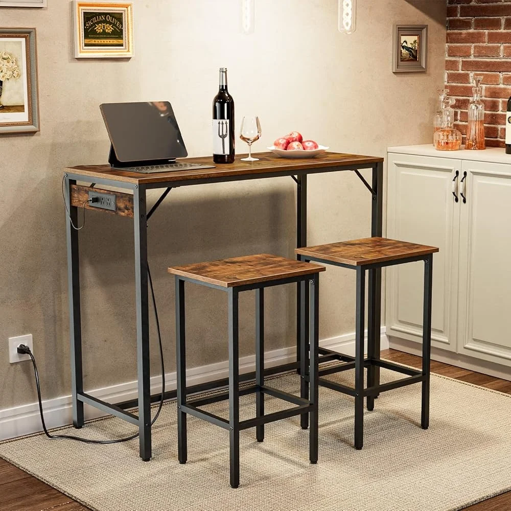 Bartafel en krukenset 3-delige keukeneettafel met stopcontact USB-poorten Ruimtebesparend ontwerp Industriële pubtafel