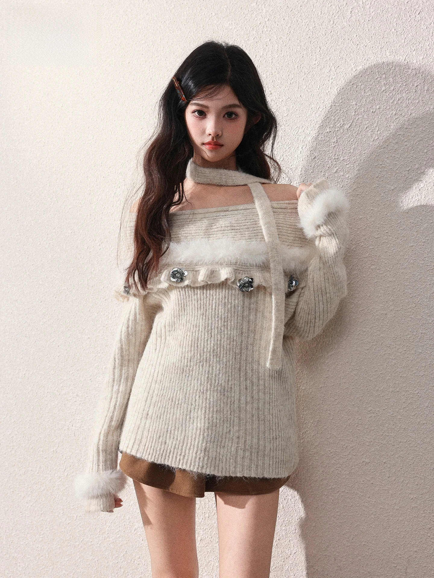 

Elegant Long Sleeve Knitted Sweater Women's Shoulder Bared Slim Fit Stylish Summer New Arrival Overhead Knitwear