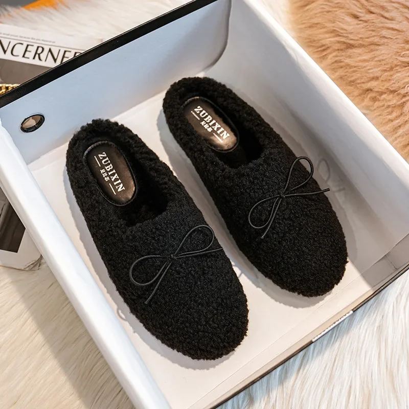 Fur shoes for women in winter  new bow tie wrapped hair slippers for women in flat bottomed plush large size women's shoes 41-43