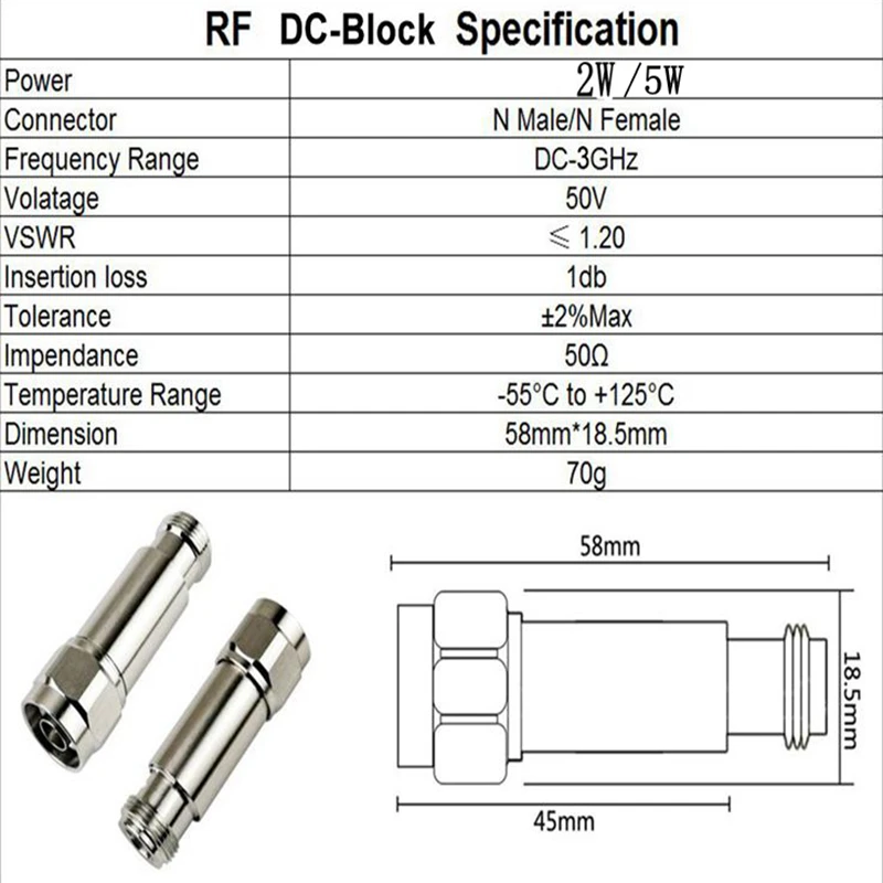 2W/5W DC-Block N Male to Female DC-3.0GHz 50ohm RF Coaxial Block SWR 1.2 DC blocker Connector 50ohm