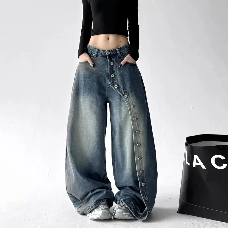 

Y2k New Women Low Rise Wide Leg Denim Jeans Pant with Chic Studs-Embellished Side Detail High Street Female Trousers Baggy Pants