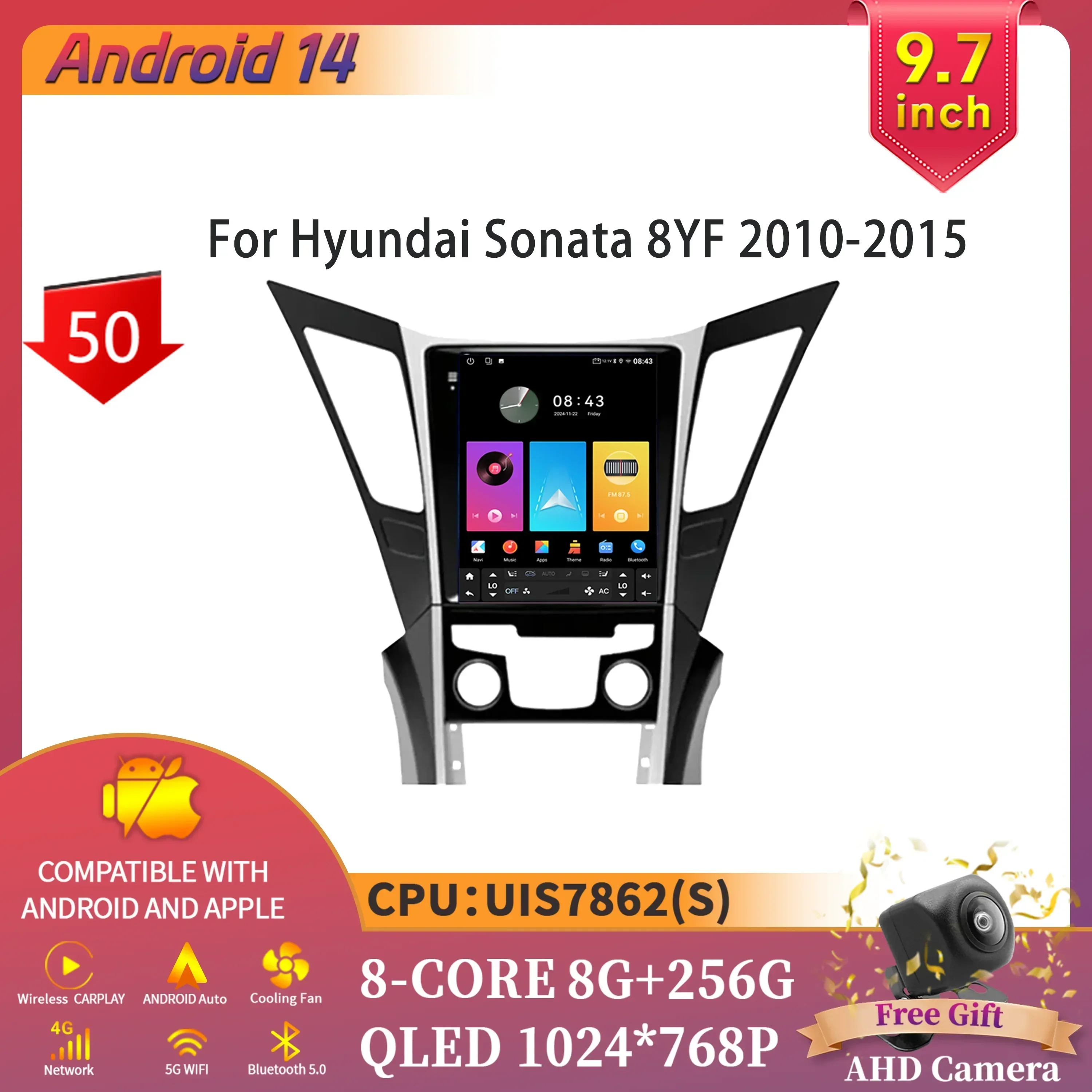 

9.7inch Car Radio Multimedia Intelligent GPS Bluetooth Carplay Touch Screen Android 14 For Hyundai Sonata 8YF 2010-2015