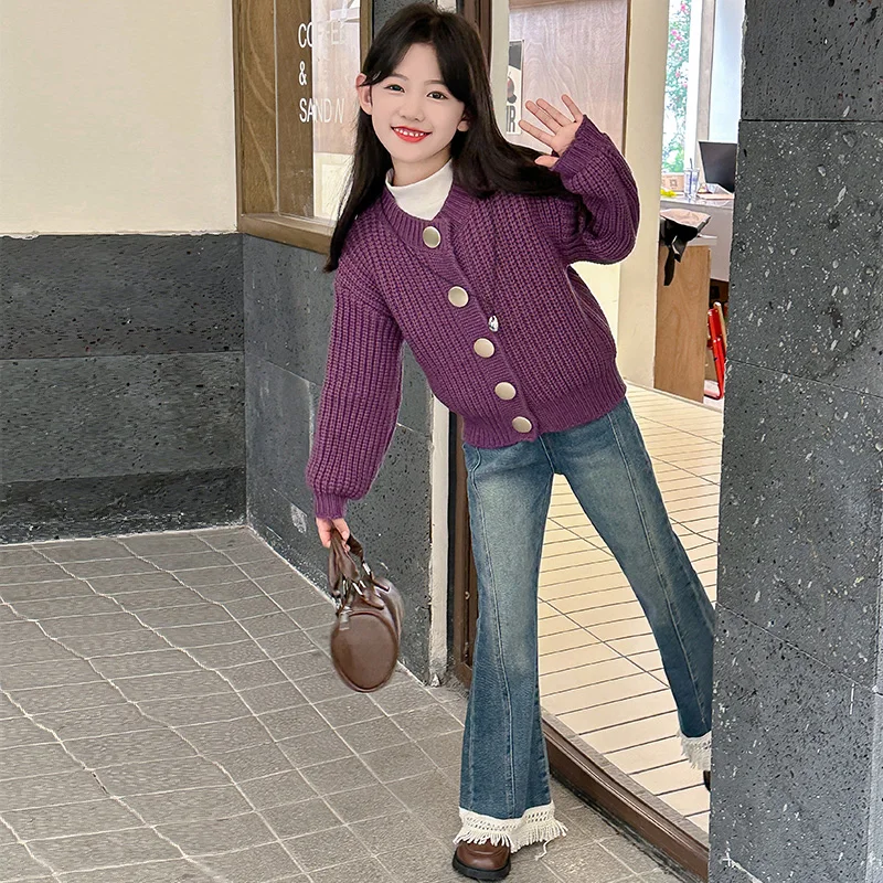 

Kid Girl Knitwear Spring Autumn Single Breasted Woven Metal Button Children Girl Cardigan Purple Red Baby Girl Sweater TR404