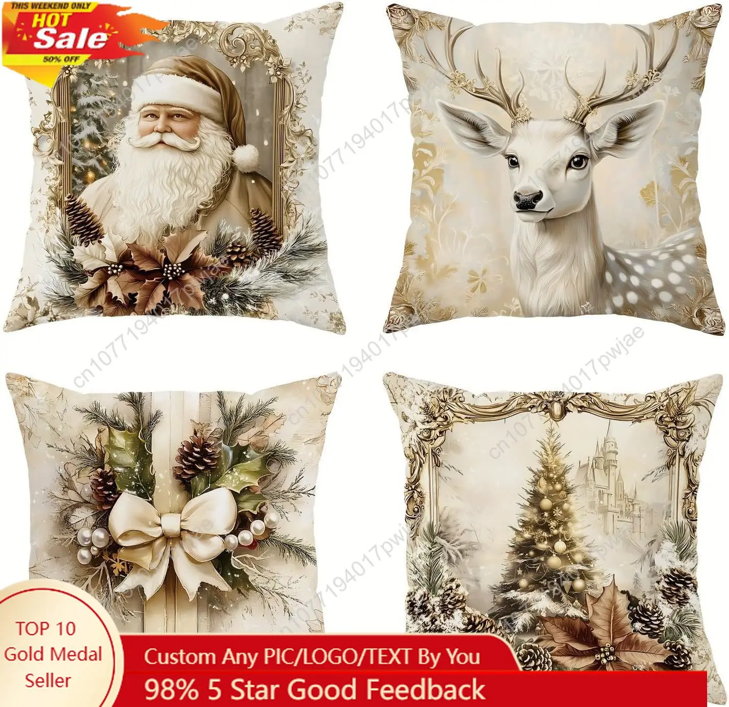 

4 Pcs Christmas Throw Pillow Covers Xmas Tree Santa Claus & Elk Designs Short Plush Single-Sided Printed Xmas Pillowcase Cushion
