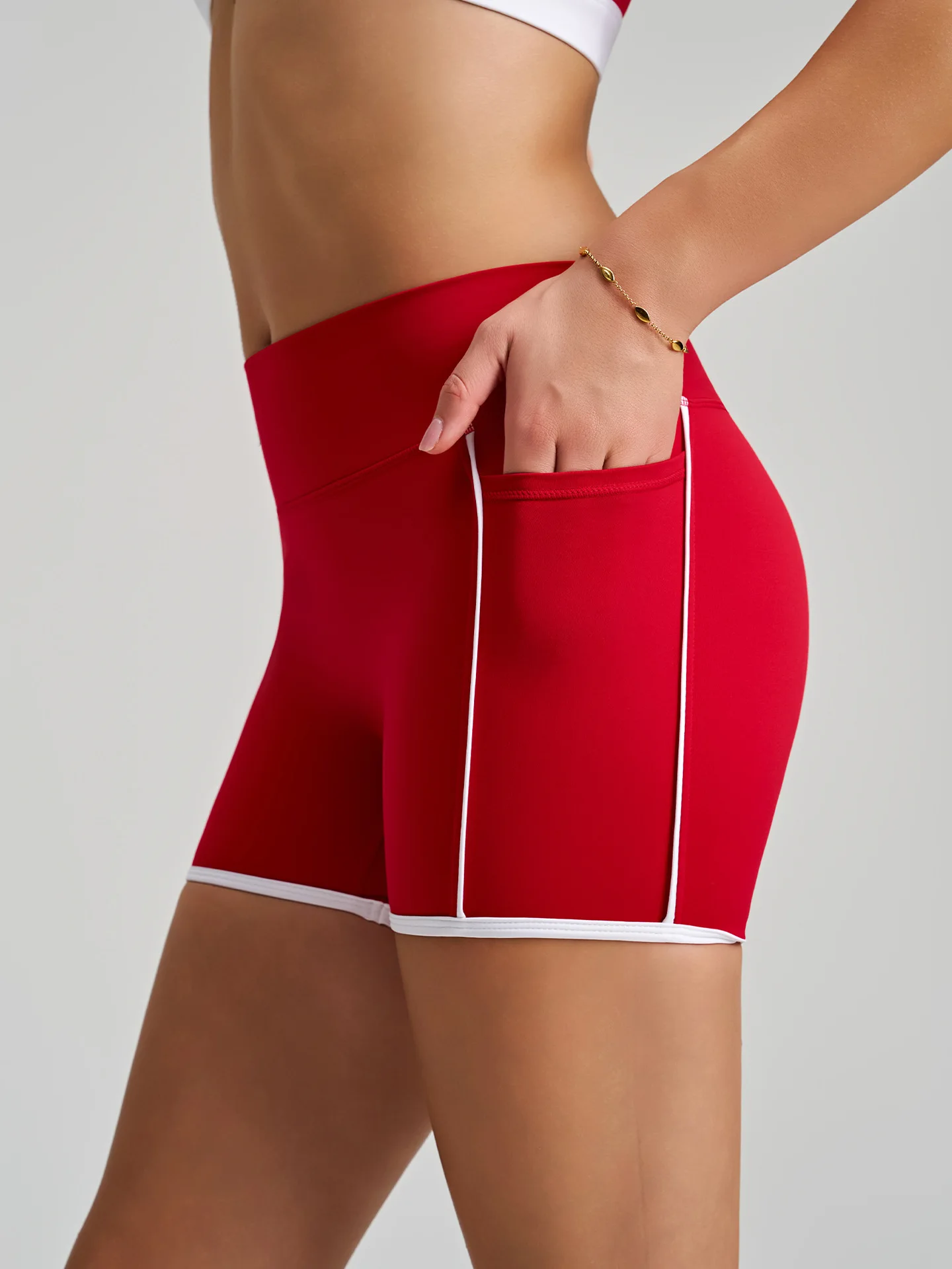 Women's High Waist Biker Shorts with Side Pockets, Contrast Trim Stretch Yoga Workout Shorts for Gym Fitness