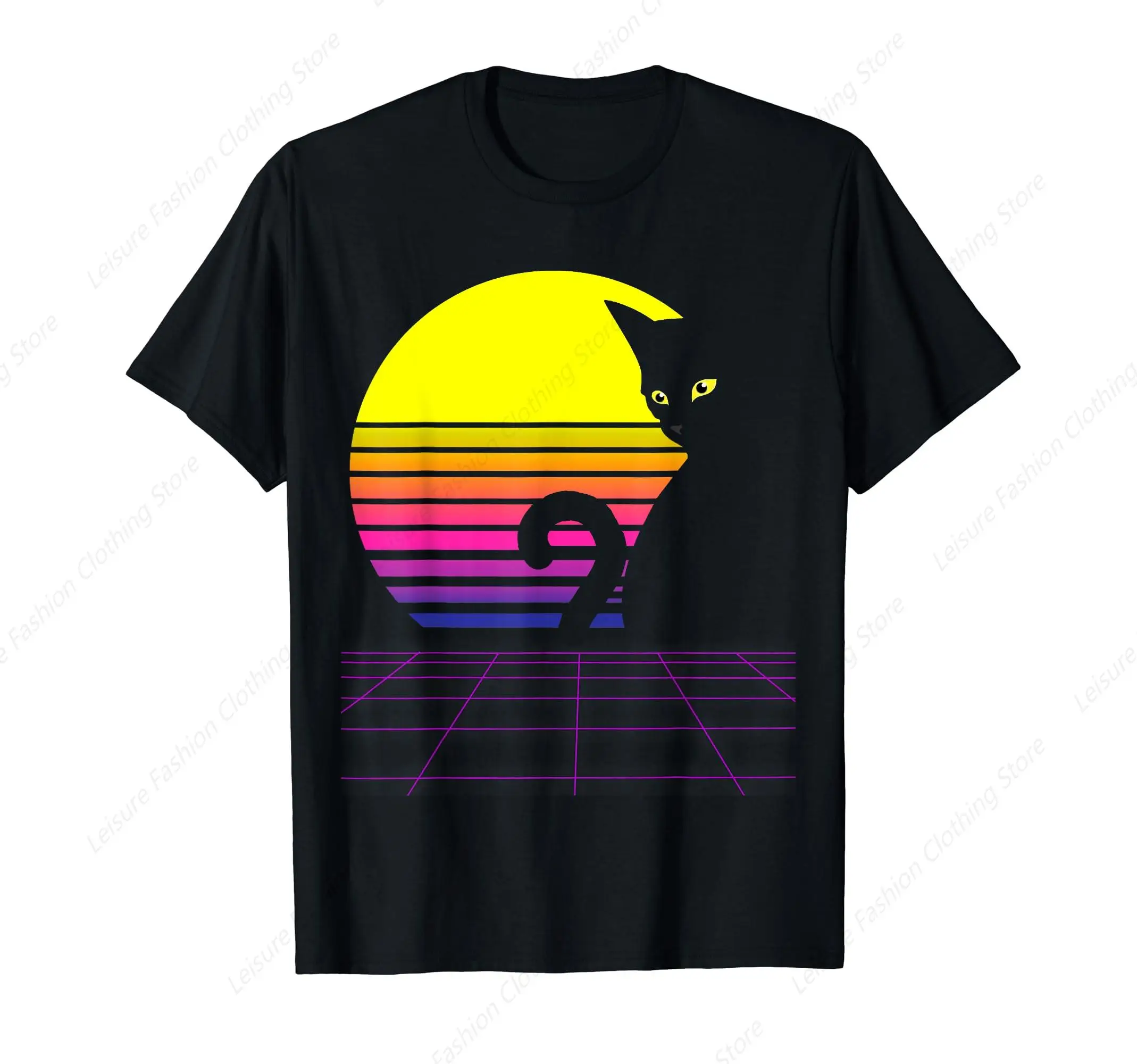 Vintage Retro Welle Cyber Punk Stil Sonnen untergang Katze T-Shirt Rundhals ausschnitt Kurzarm Baumwolle T-Shirt Tops