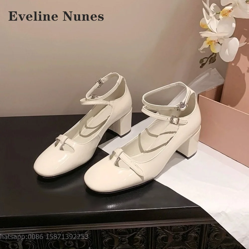 Hollow Belt Buckle White Pumps Round Toe Square Heel Side Air Solid Mary Janes Straight Strap Cover Heel Elegant Women Sandals