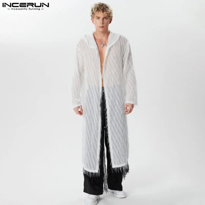 

INCERUN Men Shirt Tassel Transparent Hooded Long Sleeve Open Stitch Long Style Cardigan Kimono Streetwear 2024 Fashion Camisas