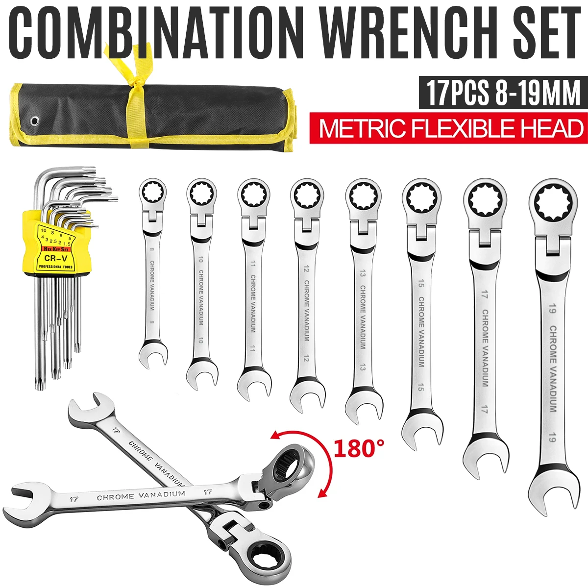 17pcs Wrench Set with Reel bags-8pcs 8-19mm Metric Flex Head Wrench Set,9pcs Long Arm Star Key Wrench Set-Storage Case Included