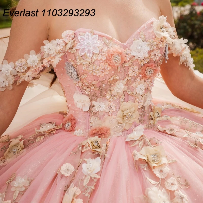 EVLAST Shiny Pink Quinceanera Dress Ball Gown 3D Flowers Lace Applique Beading Mexico Corset Sweet 16 Vestido De 15 Anos TQD303