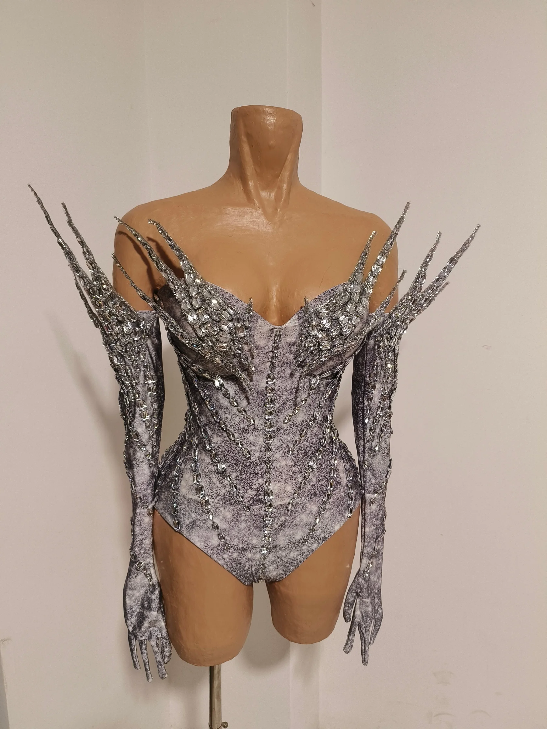 Grey Printed Off Shoulder Rhinestone Spandex Elastic Bodysuit Long Gloves Nightclub Party Stage Performance Sexy Costume Leidian