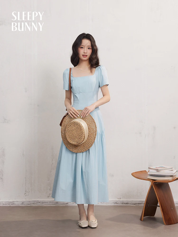 French Square Neck Short Sleeve Dress Women Summer Slim Fit A-Line Long Dress Petite Waist Cinching Elegant Vintage Style Outfit
