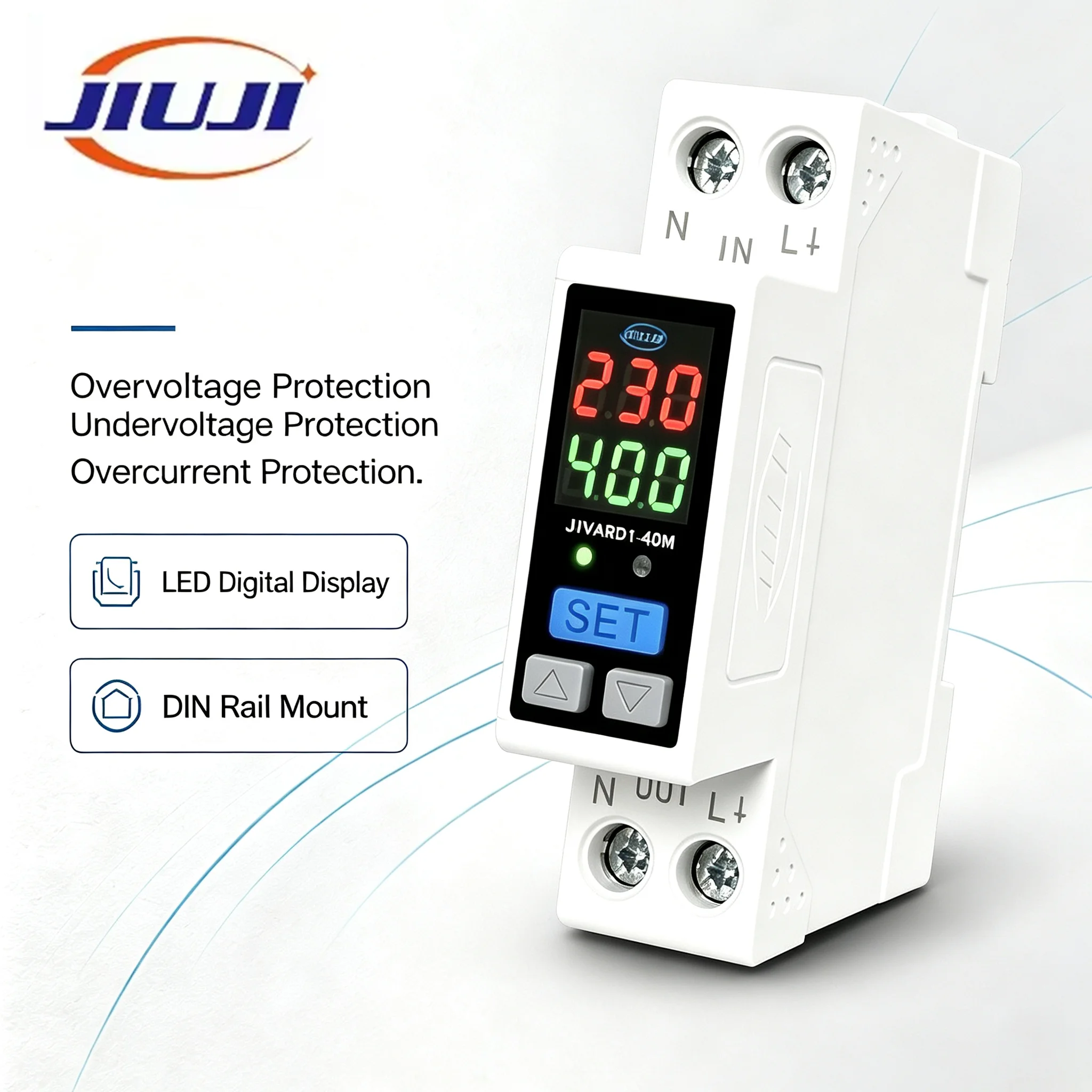 JIUJI JJVPD1‑40M DIN Rail Overvoltage Undervoltage Overcurrent Protector Adjustable AC 100‑300V 80‑280V LED Display