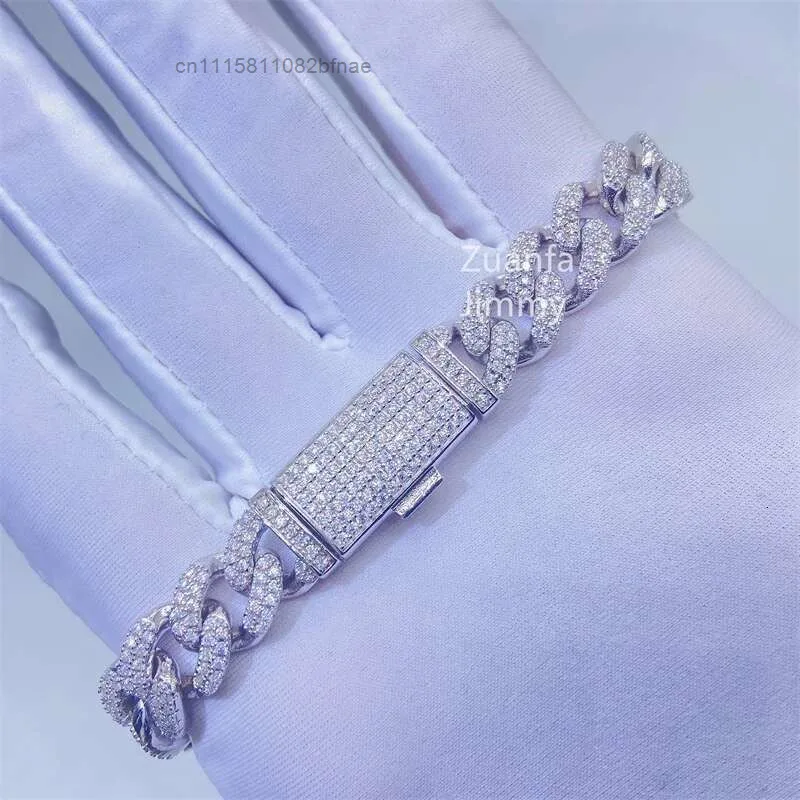 925 Sterling Silver Iced Out Jewelry 10mm Two Row Moissanite Cuban Bracelet Vvs Link.，