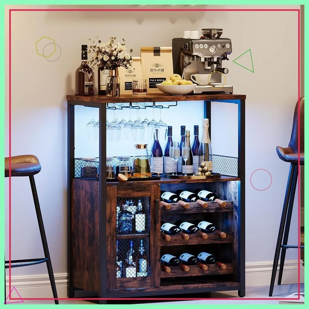 

LED Wine Bar Cabinet with Adjustable Shelves, Mesh Door, Rustic Brown for Home Kitchen Dining Room