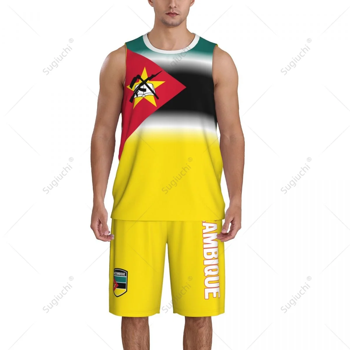 Conjunto de camisa de basquete com bandeira do Mozambique masculina, camisa e calças de malha, sem mangas, exclusivo, nome personalizado, Nunber, unissex