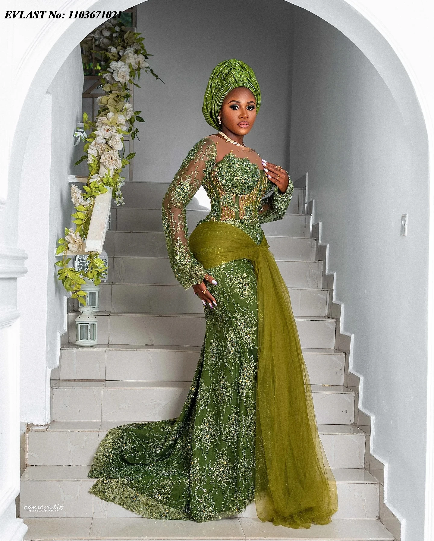 EVLAST Asoebi Green Lace Evening Dress African Women Formal Outfits Long Sleeves Beaded Nigerian Party Dress Gala Gowns P174