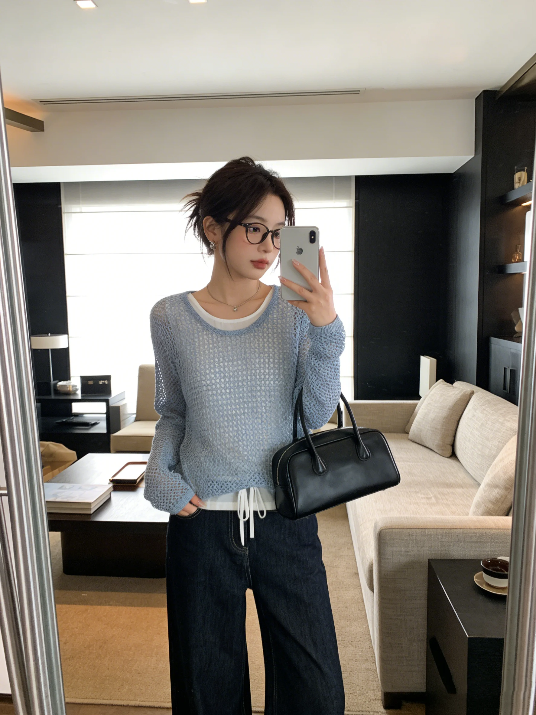 

Summer Design Sense Women's Long Sleeve Hollow out Sun Protection Cover up Vest Inner Wear Anti-Aging Lace Tie Top