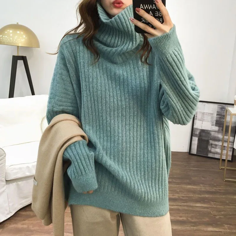 2023 Autumn and Winter Women\'s New High Neck Loose Knitted Sweater Thickened Solid Color Comfortable Versatile Pullover Top