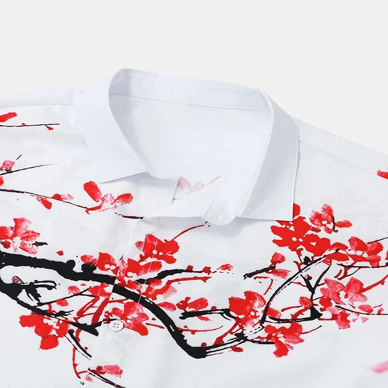 Summer New South East Asia Men's Casual Ink Painting Plum Blossom Short Sleeve Shirt Beach Shirt Cardigan