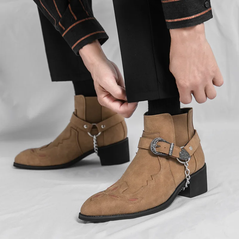 Fashion 2026 Retro Men's Vintage Cowboy Boots Leather High Top Chain Buckle Strap Punk Shoes Pointed Toe Biker Ankle Boots