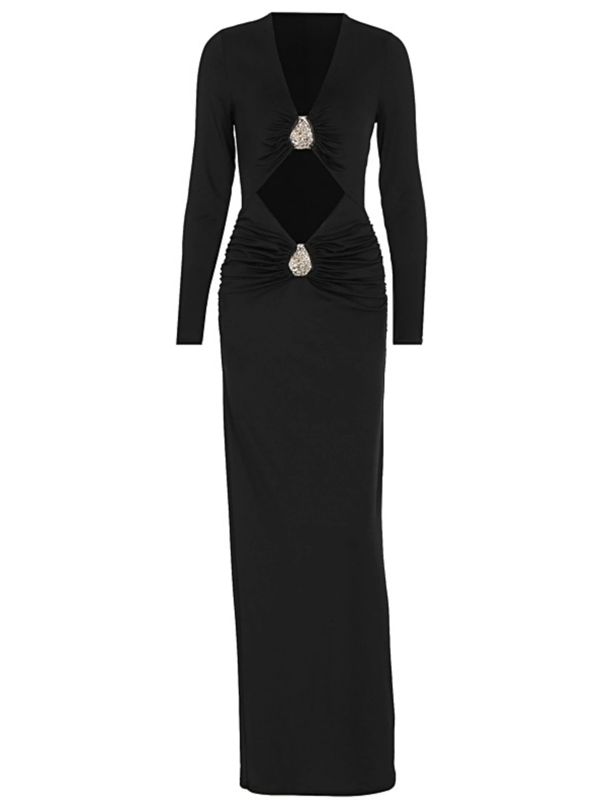 SsTss – robe Maxi découpée pour femmes, élégante, noire, col en V, manches longues, ajourée, taille haute, plissée, coupe cintrée, dos fendu, robe de soirée