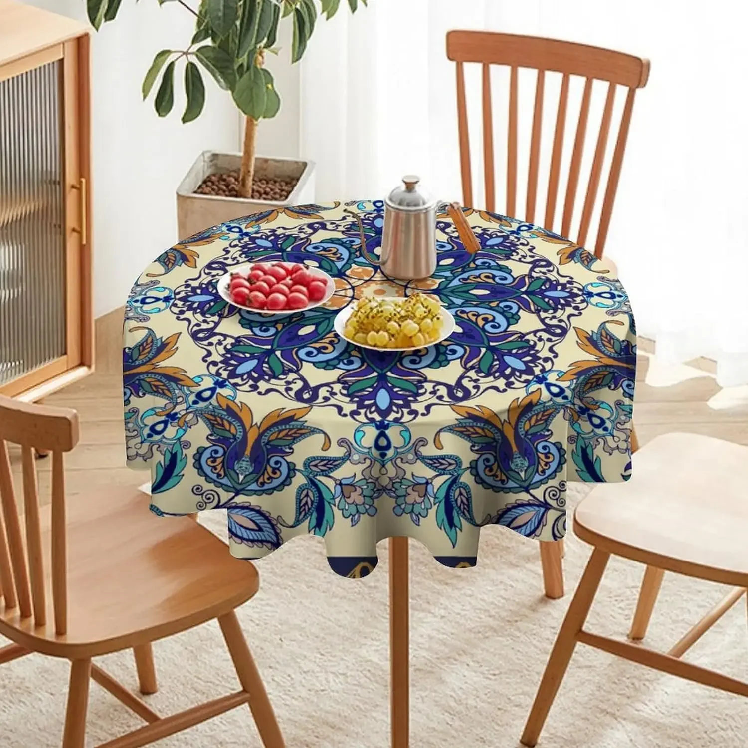Navy Teal Paisley Flower Circle Tablecloth - Boho Bouquet Botanical Outdoor Picnic Camping Diner Cover