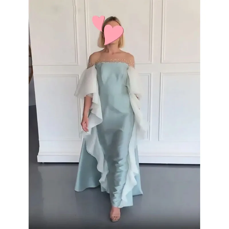 

Sexy Sheer O Neck Straight Prom Dresses Ruffles Sleeve with Beaded Special Occasion Dress Floor Length Satin vestidos de fiesta