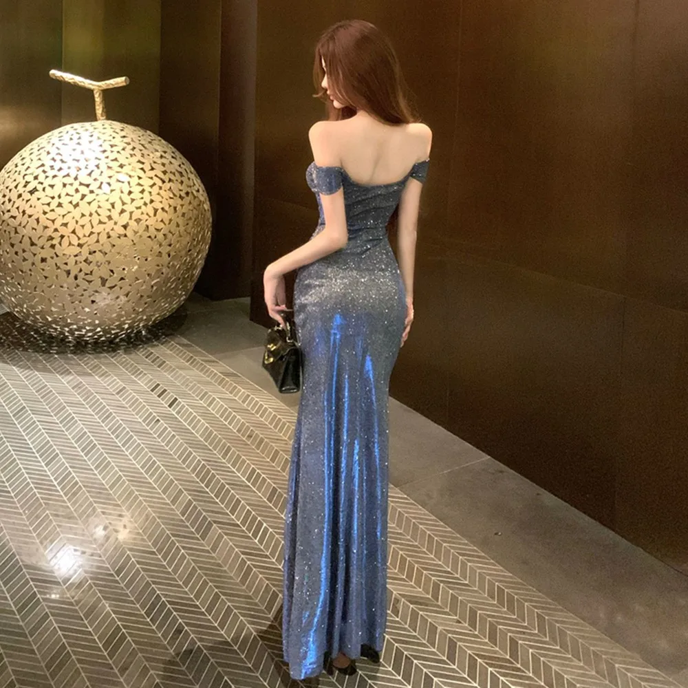 classy glamorous luxury elegant dresses Glamorous Off-shoulder Long Sleeve Shining Evening Dress – HAREM's Brides