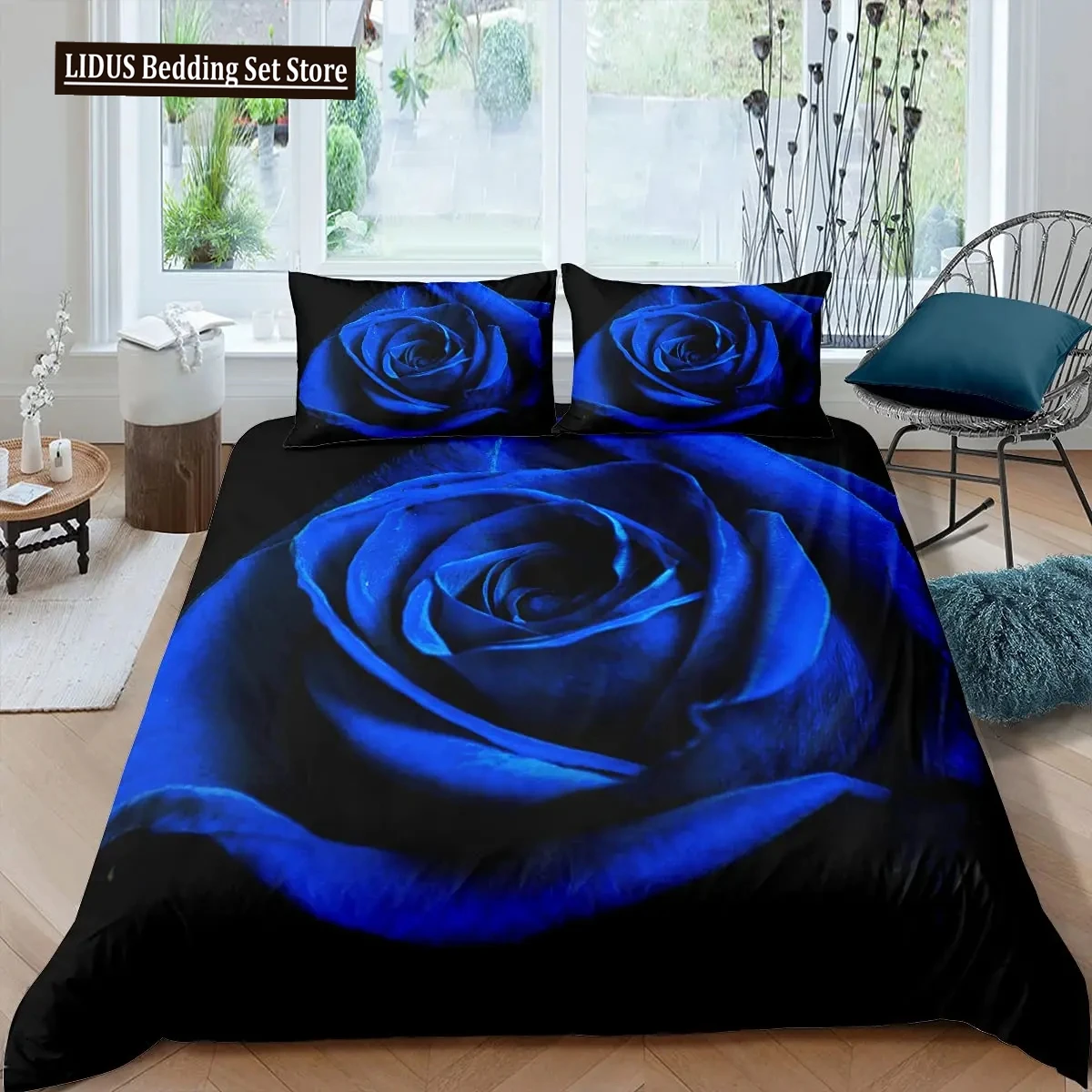 

Blue Rose Duvet Cover Set King Size 3D Printed Blossom Flowers Bedding Set Valentine's Day Botanical Polyester Comforter Cover