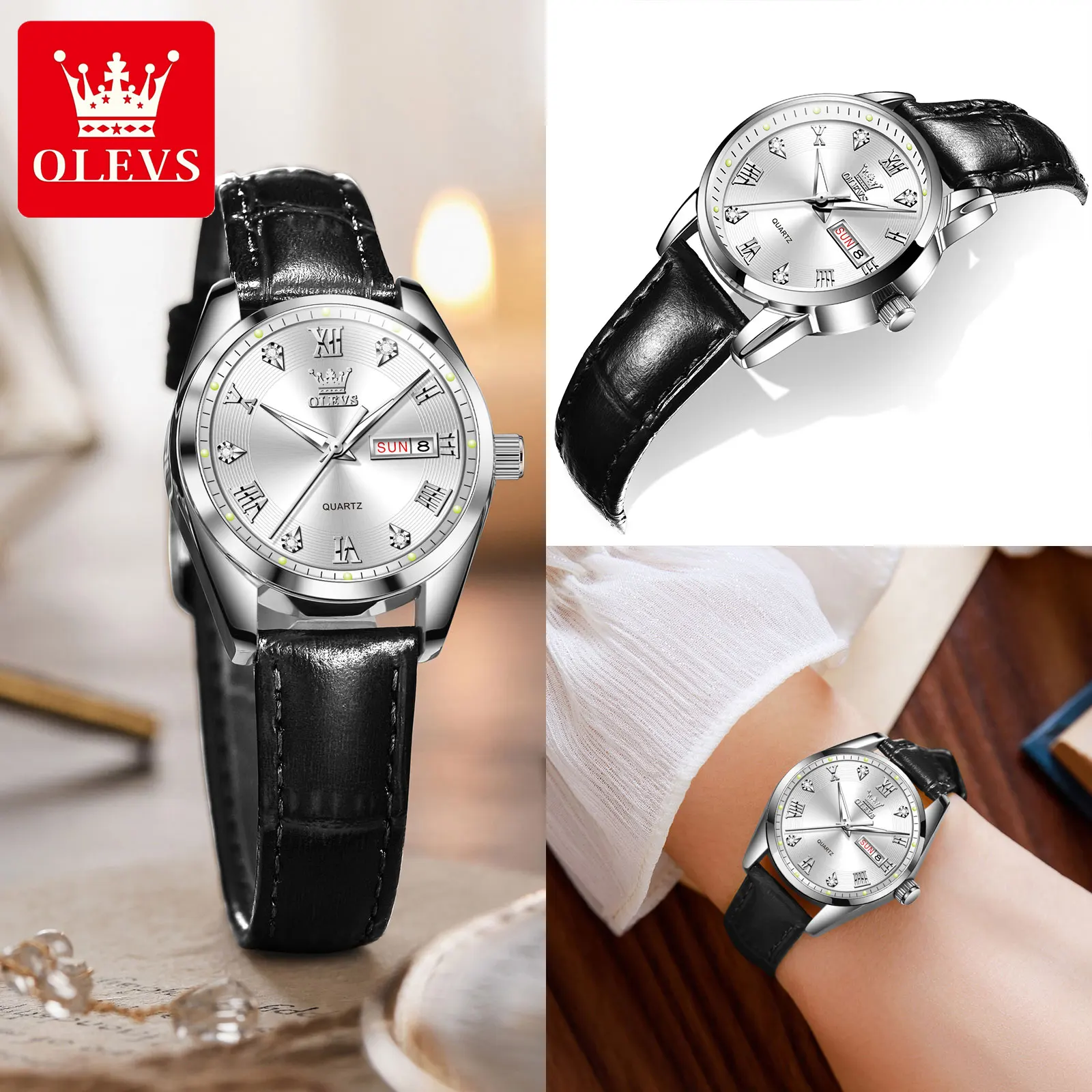 OLEVS Casual Fashion Leather Watches for Women Waterproof Calendar Luminous Lady Wrist Watch New Original Women Quartz Watches