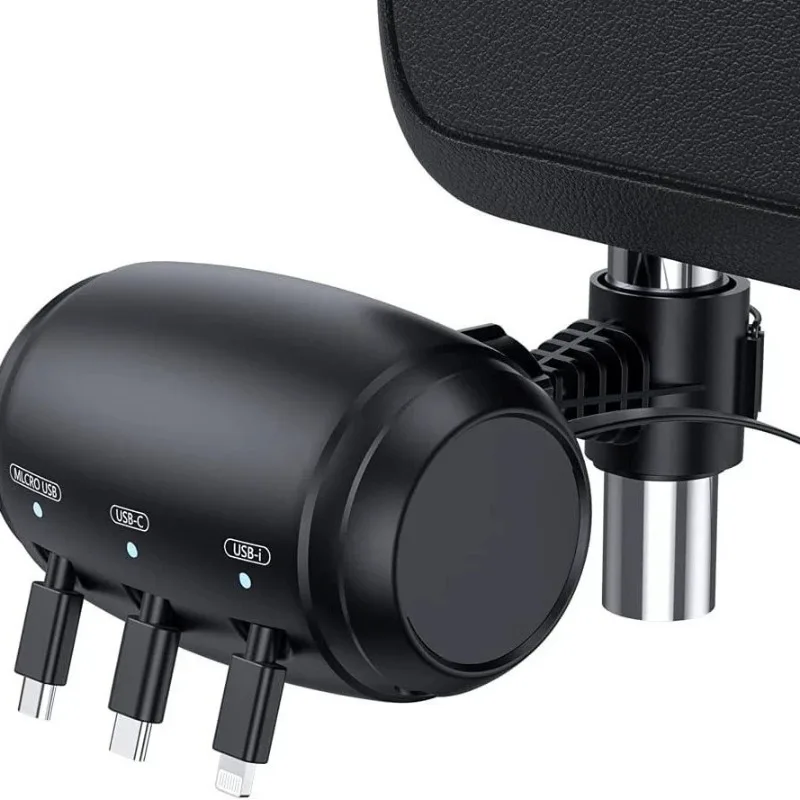 Cargador de Coche 3 en 1 con Cable Retráctil para iPhone, USB-C y Lightning, Carga Rápida, Diseño Compacto