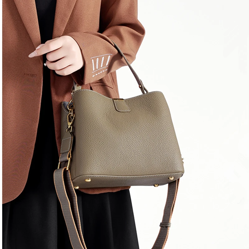 

Burminsa Cowhide Genuine Leather Bucket Small Shoulder Crossbody For Women 2025 Luxury Designer Wide Strap Tote Ladies Handbags