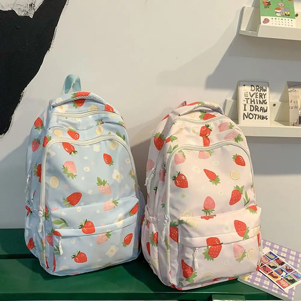 4Pcs/Set Cute Strawberry Print Backpack Large Capacity Nylon Shoulder Bag School Bag Studeng